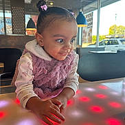 Ari Isiabell joined the competition — help win amazing prizes! chair, child, curious, cute, daylight, face, girl, glowing, hair_buns, hands, indoor, lights, pink, portrait, restaurant, smiling, table, toddler, vest, window