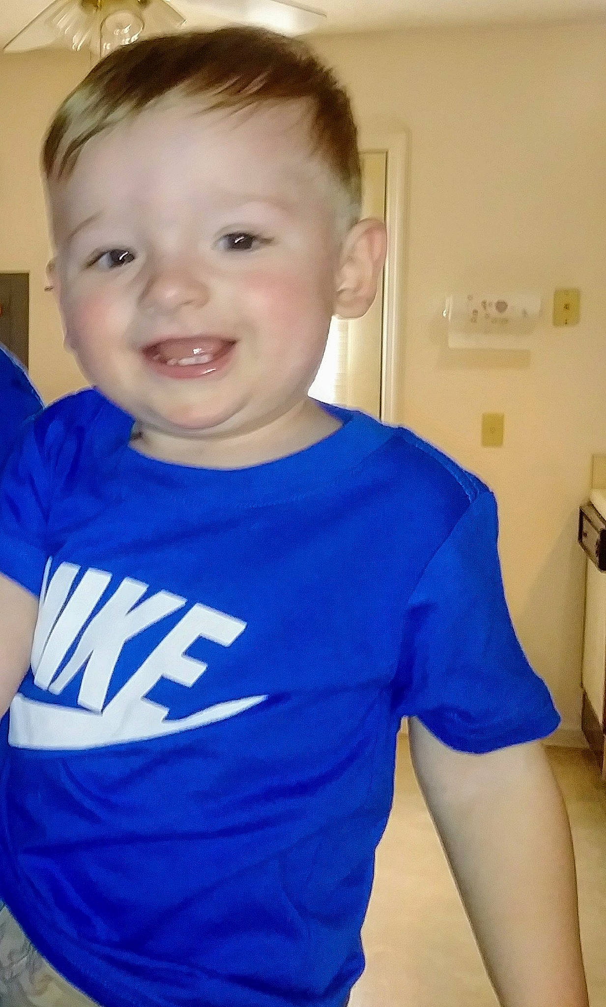 Damion joined the competition — help win amazing prizes! arm, baby_toddler_clothing, blue, cheek, child, chin, electric_blue, face, facial_expression, hair, head, joy, neck, person, shoulder, skin, sleeve, smile, standing, t_shirt