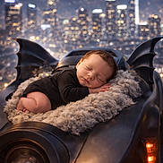 River is registered to the contest to win money with this photo: baby, sleeping, batmobile, blanket, cityscape, night, toy, cute, infant, black_clothing, soft_texture, urban, lights, portrait, child, resting, fantasy, vehicle, bat_wings, peaceful