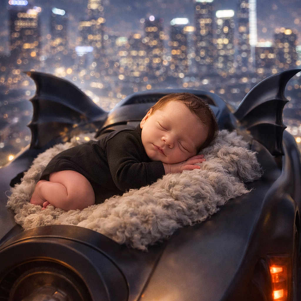 River is registered to the contest to win money with this photo: baby, sleeping, batmobile, blanket, cityscape, night, toy, cute, infant, black_clothing, soft_texture, urban, lights, portrait, child, resting, fantasy, vehicle, bat_wings, peaceful