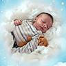 River is registered to the contest to win money with this photo: baby, newborn, sleeping, teddy_bear, clouds, stars, blue_sky, soft_texture, peaceful, infant, cute, portrait, fantasy, cozy, child, resting, blanket, smiling, cuddly_toy, background