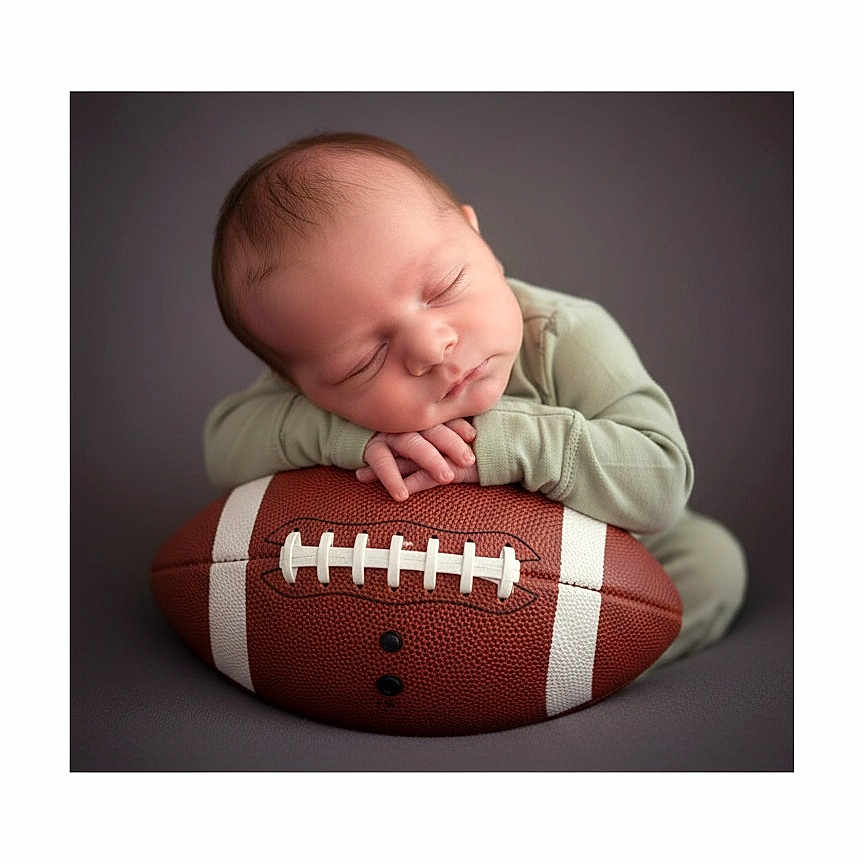 River is registered to the contest to win money with this photo: baby, newborn, sleeping, football, sports, hands, face, head, soft_lighting, studio, portrait, cute, peaceful, infant, green_clothing, resting, closeup, child, toddler, background