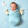 River joined the competition — help win amazing prizes! newborn, baby, blue_blanket, teddy_bear, stars, crescent_moon, swaddled, portrait, infant, cute, soft_texture, child, sleepy, background, decor, studio_photo, adorable, wrapped, peaceful, baby_face