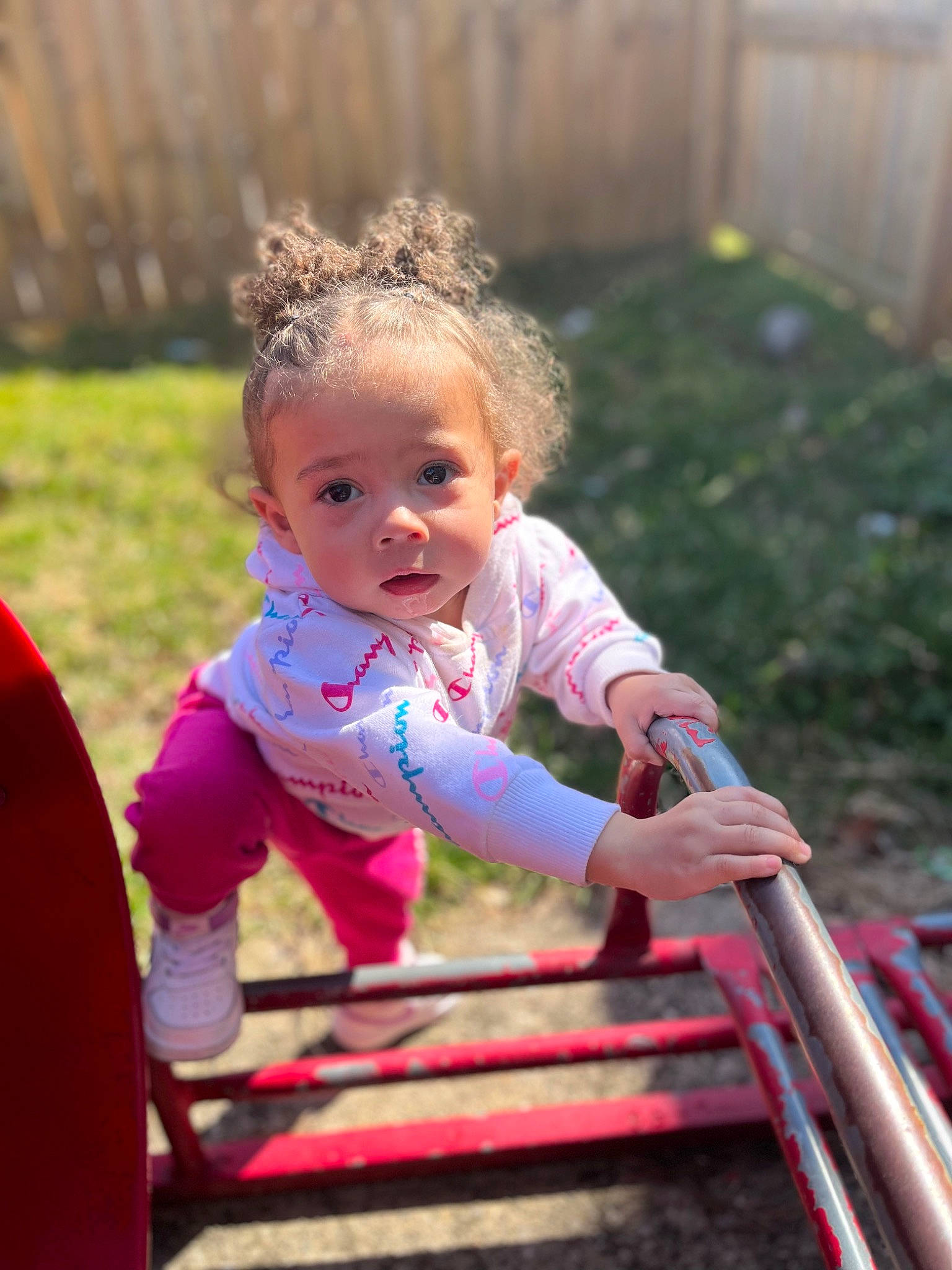 Alayna is registered to the contest to win money with this photo: baby, baby_toddler_clothing, child, city, event, face, fun, grass, happy, leisure, magenta, outdoor_play_equipment, people_in_nature, person, plant, play, playground, recreation, sitting, toddler