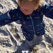 Nala-Fay joined the competition — help win amazing prizes! child, toddler, snow, winter_clothing, snowsuit, blue_clothing, curly_hair, outdoor, daylight, footwear, playing, shark_pattern, arms_outstretched, shadow, hearts, grass, cold_weather, cute, exploring, nature