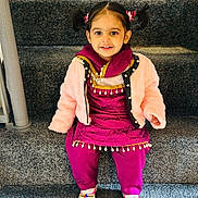 Mannat is registered to the contest to win money with this photo: architecture, building, child, clothing, coat, costume, dress, face, female, girl, head, house, housing, jacket, pants, person, photography, portrait, purple, staircase
