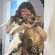 Coco is registered to the contest to win money with this photo: person, glasses, three_cats, cat, tabby_cat, longhair_cat, white_cat, holding, paws, indoor, doorway, sweater, pajamas, home, cozy, portrait, smiling, pet, playful, fur