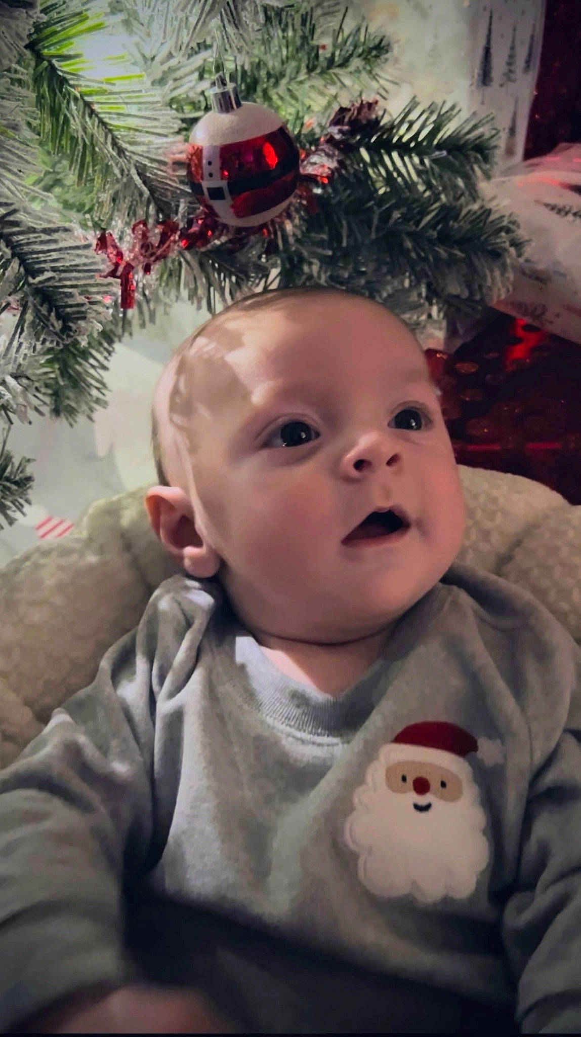 Reece James is registered to the contest to win money with this photo: baby, baby_toddler_clothing, cheek, chin, christmas_ornament, christmas_tree, eyebrow, happy, human_body, iris, lip, mouth, nose, organ, person, plant, red, skin, toddler, tree