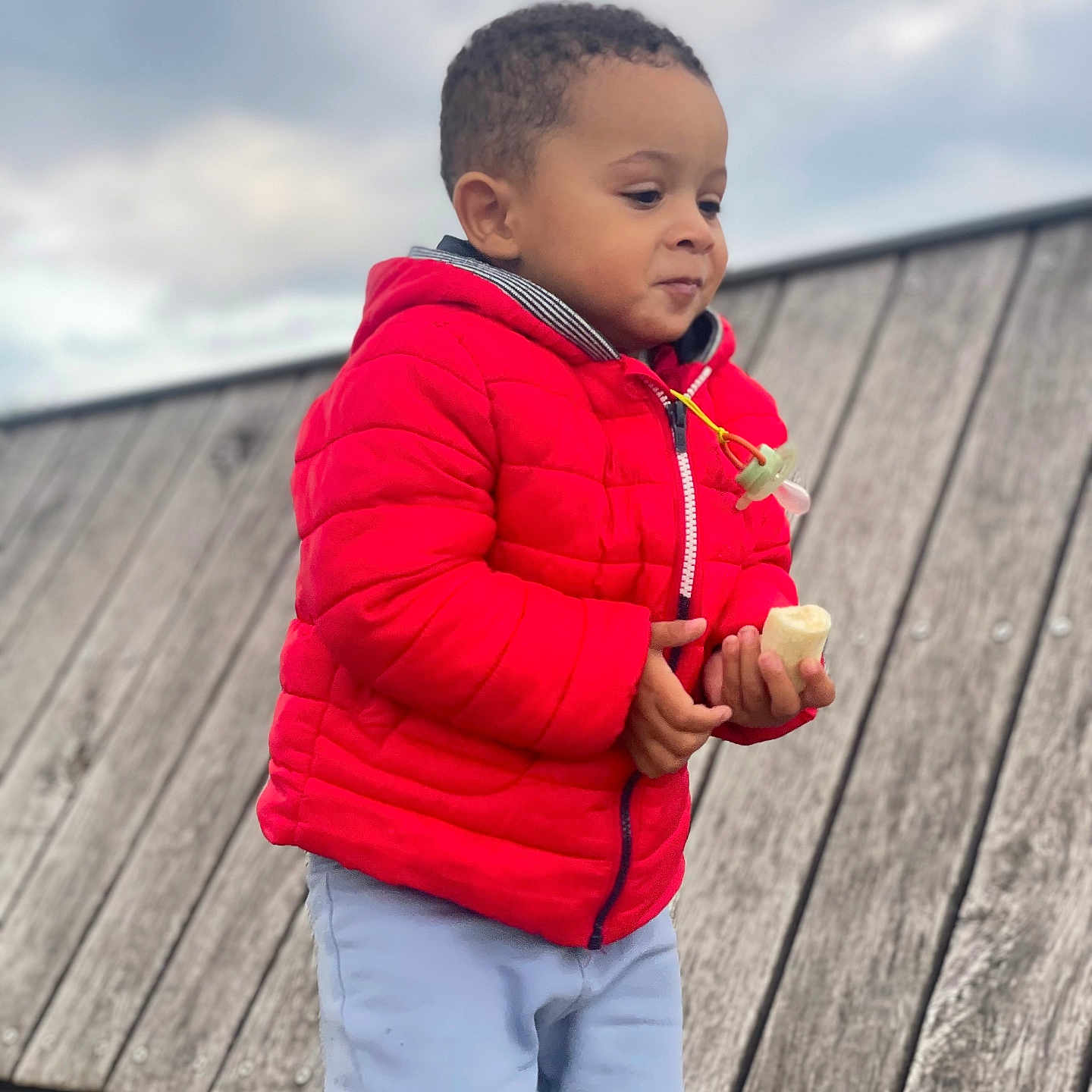 Noah Daniel participe au concours pour gagner de l'argent avec cette photo : banana, casual_clothing, child, cloudy_sky, curly_hair, cute, daytime, expression, food, holding, kid, nature, outdoor, pants, person, portrait, red_jacket, walking, wood, young_child