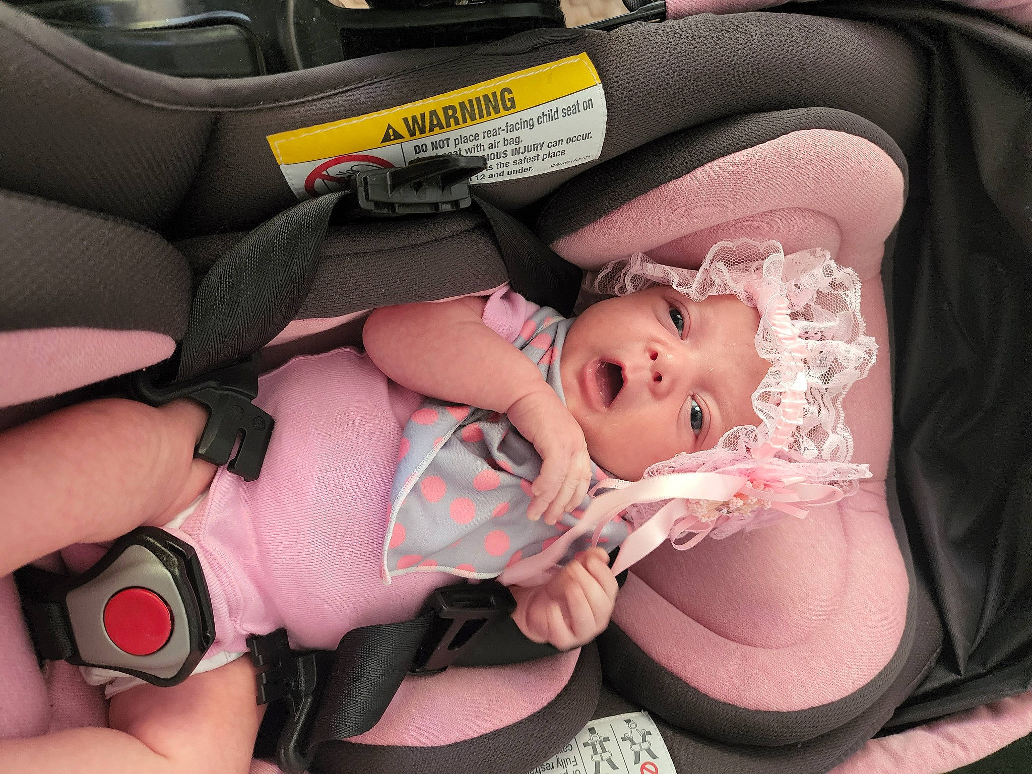 Azilynn joined the competition — help win amazing prizes! auto_part, baby, baby_carriage, baby_products, baby_toddler_clothing, bag, car_seat, cheek, child, comfort, finger, headwear, lap, nail, person, pink, product, service, sitting, thumb