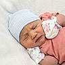 Rosalyn Jean is registered to the contest to win money with this photo: baby, newborn, sleeping, infant, hat, pink_clothing, blanket, soft_texture, cute, peaceful, portrait, closeup, child, resting, indoors, small, adorable, face, skin, newborn_baby