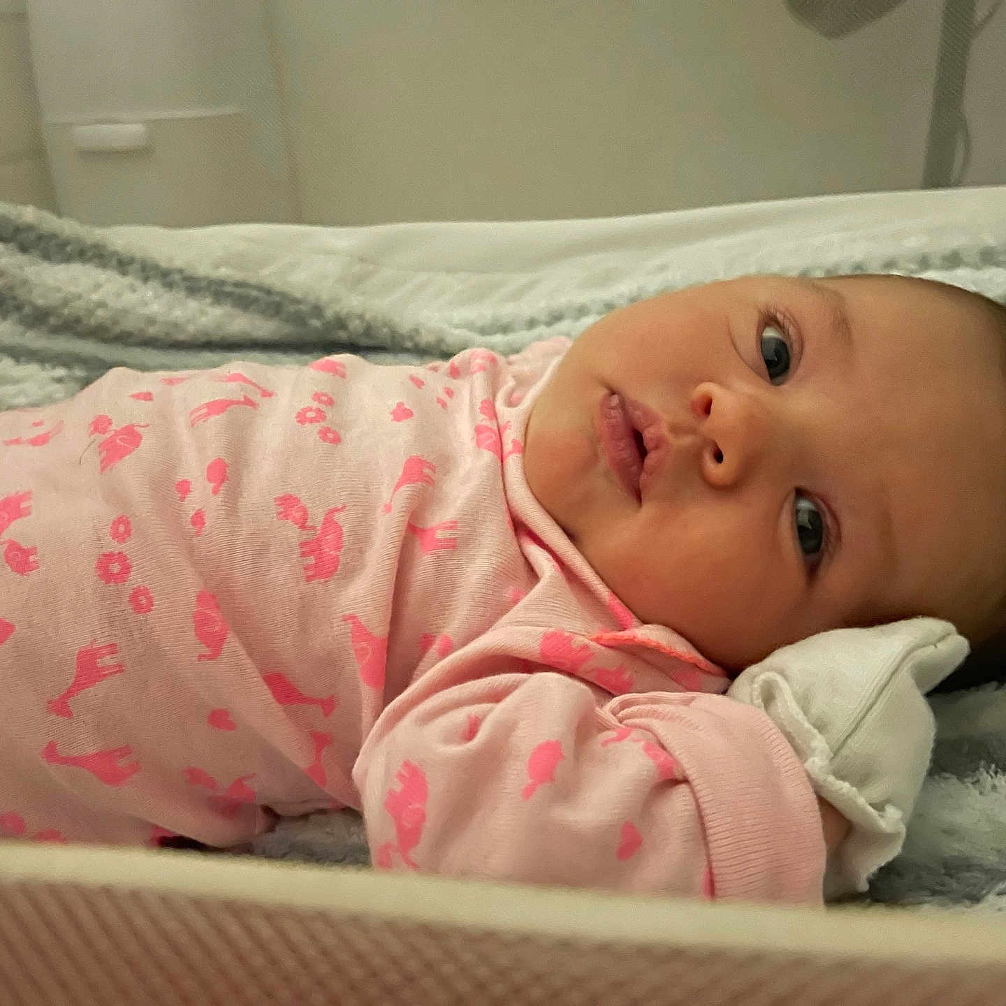 Rosalyn Jean joined the competition — help win amazing prizes! baby, infant, pink_onesie, animal_print, blanket, striped_blanket, lying_down, face, eyes, hand, white_mitten, soft_texture, indoors, cute, newborn, portrait, child, sleepwear, resting, cozy