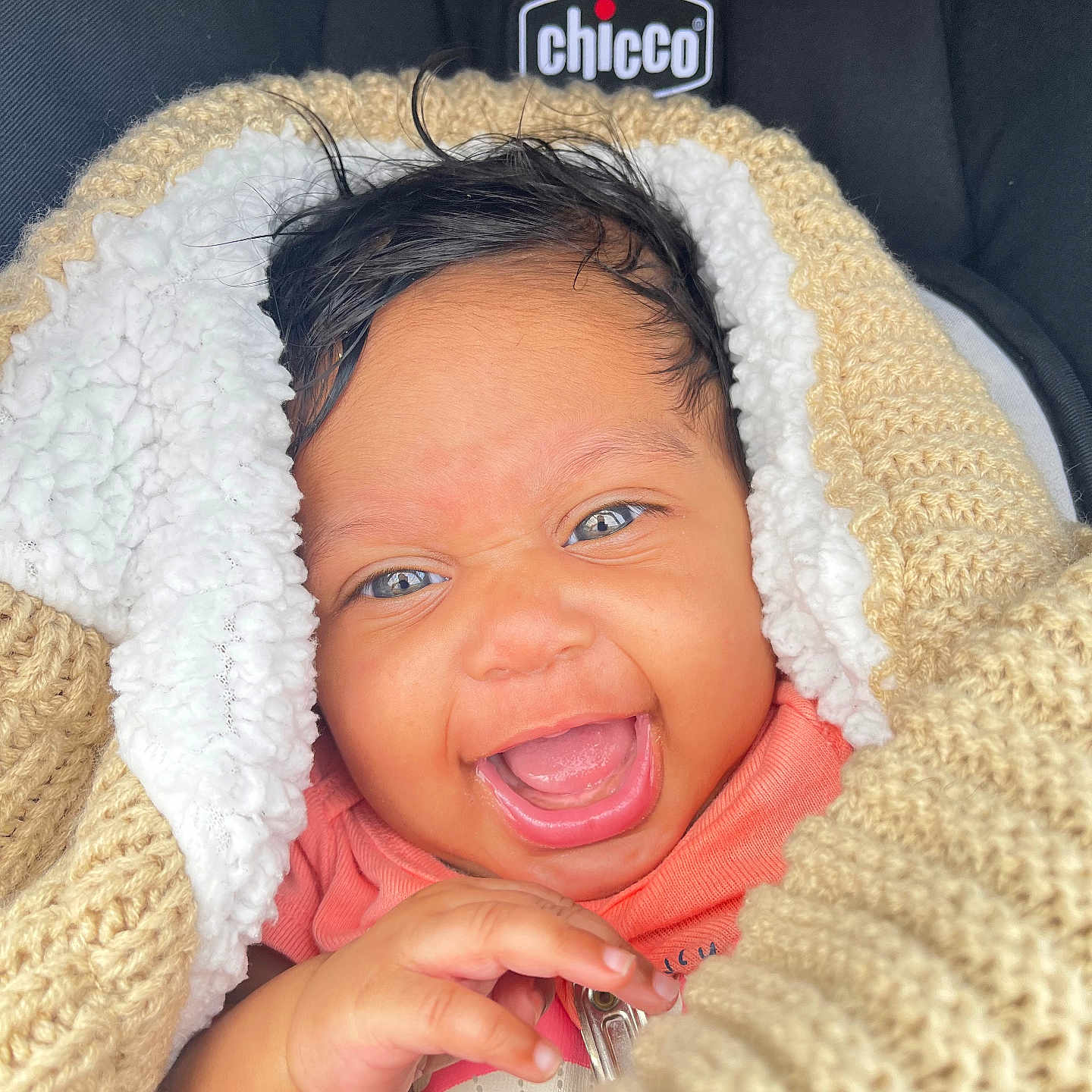 Sarah is registered to the contest to win money with this photo: accessories, architecture, baby, babylaughing, bed, blanket, bodypart, bonnet, building, clothing, coat, cosmetics, couch, cushion, cutlery, earring, electronics, face, finger, furniture