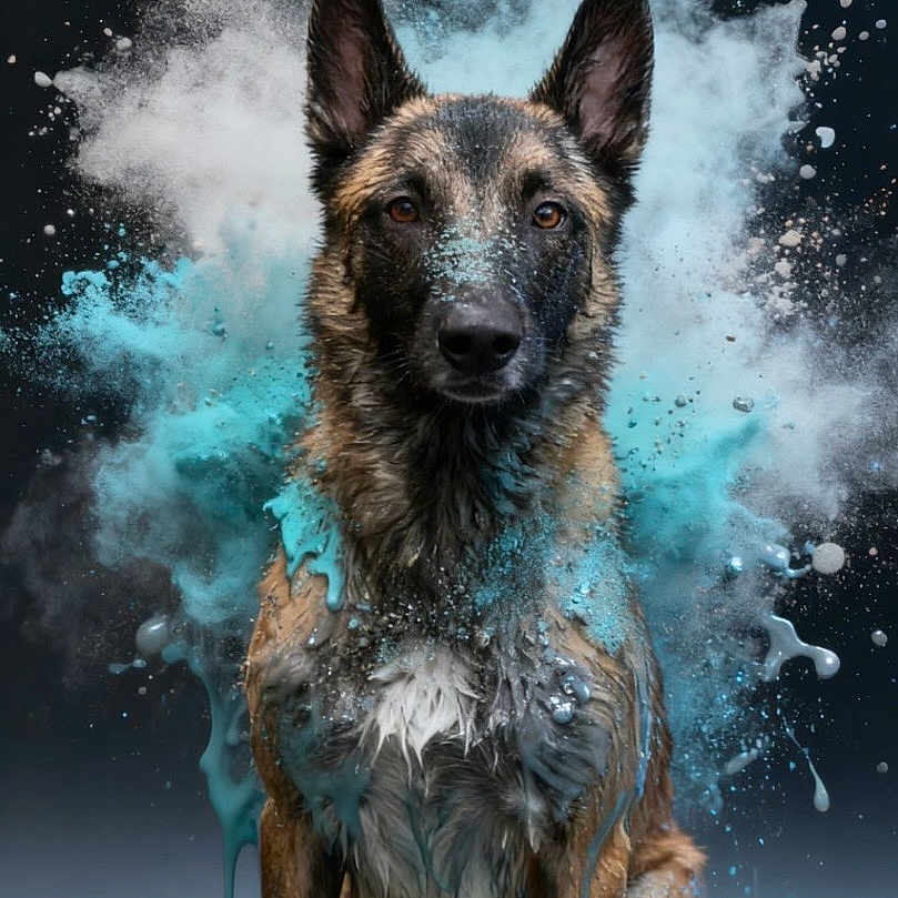 Locky a rejoint le concours — aidez-le/la à gagner de superbes lots ! dog, shepherd, belgian_malinois, portrait, wet, splash, water, blue_powder, dramatic, studio, dark_background, upright_ears, brown_fur, black_mask, sitting, front_facing, animal, photography, high_contrast, action