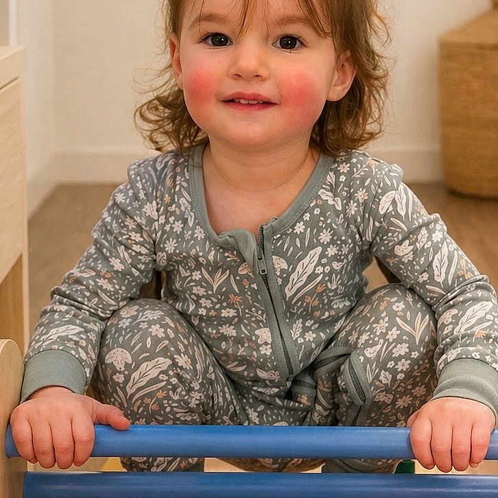 Amia joined the competition — help win amazing prizes! toddler, child, smiling, indoor, wooden_toy, colorful, play, pajamas, hands, feet, hair, face, happy, person, furniture, room, floor, skin, cute, young
