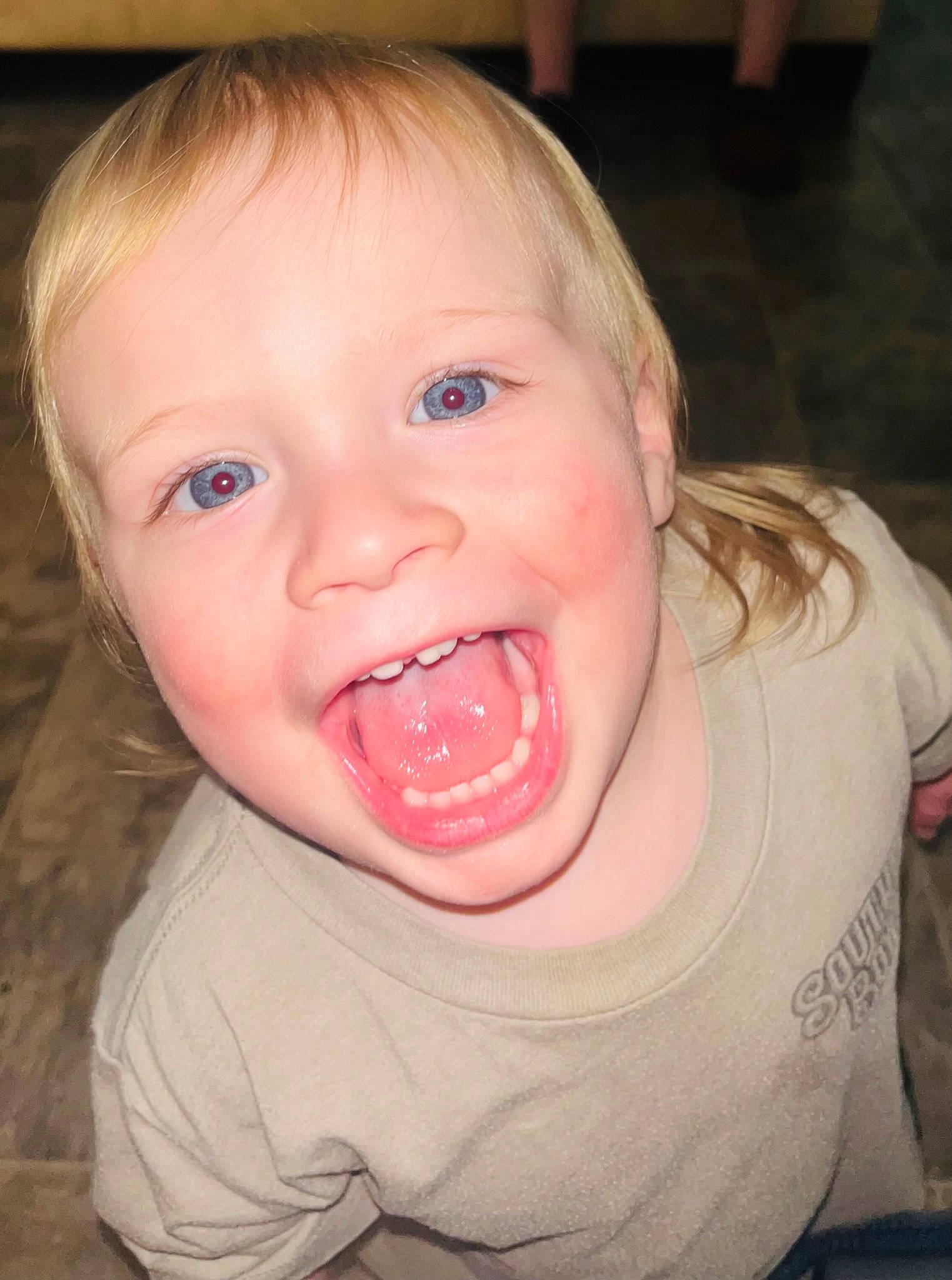 Christopher is registered to the contest to win money with this photo: baby, blond, cheek, chin, ear, eyebrow, eyelash, gesture, happy, iris, jaw, lip, mouth, nose, person, skin, smile, throat, toddler, tongue