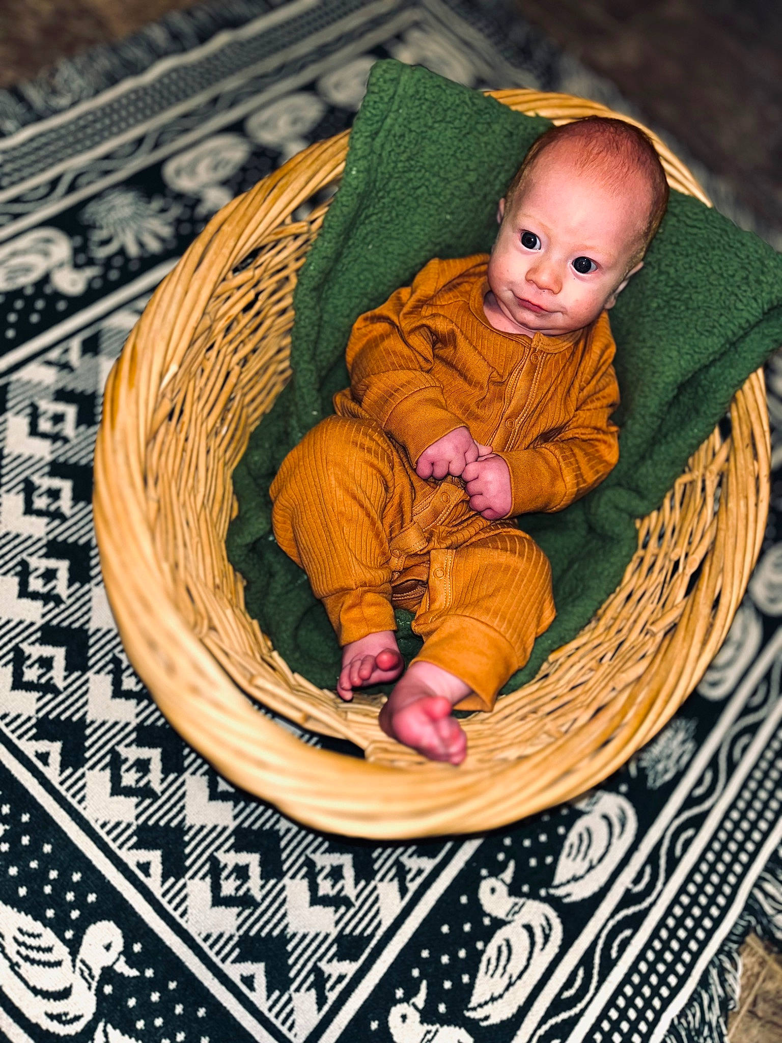 Weston joined the competition — help win amazing prizes! baby, baby_products, baby_toddler_clothing, basket, cheek, child, circle, comfort, face, facial_expression, grass, happy, human_body, linens, pattern, person, sitting, textile, toddler, wood