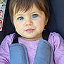 toddler, child, blue_eyes, brown_hair, car_seat, seatbelt, pink_shirt, portrait, baby, cute, innocent, young_child, sitting, close_up, face, person, indoor, safety, straps, casual_clothing