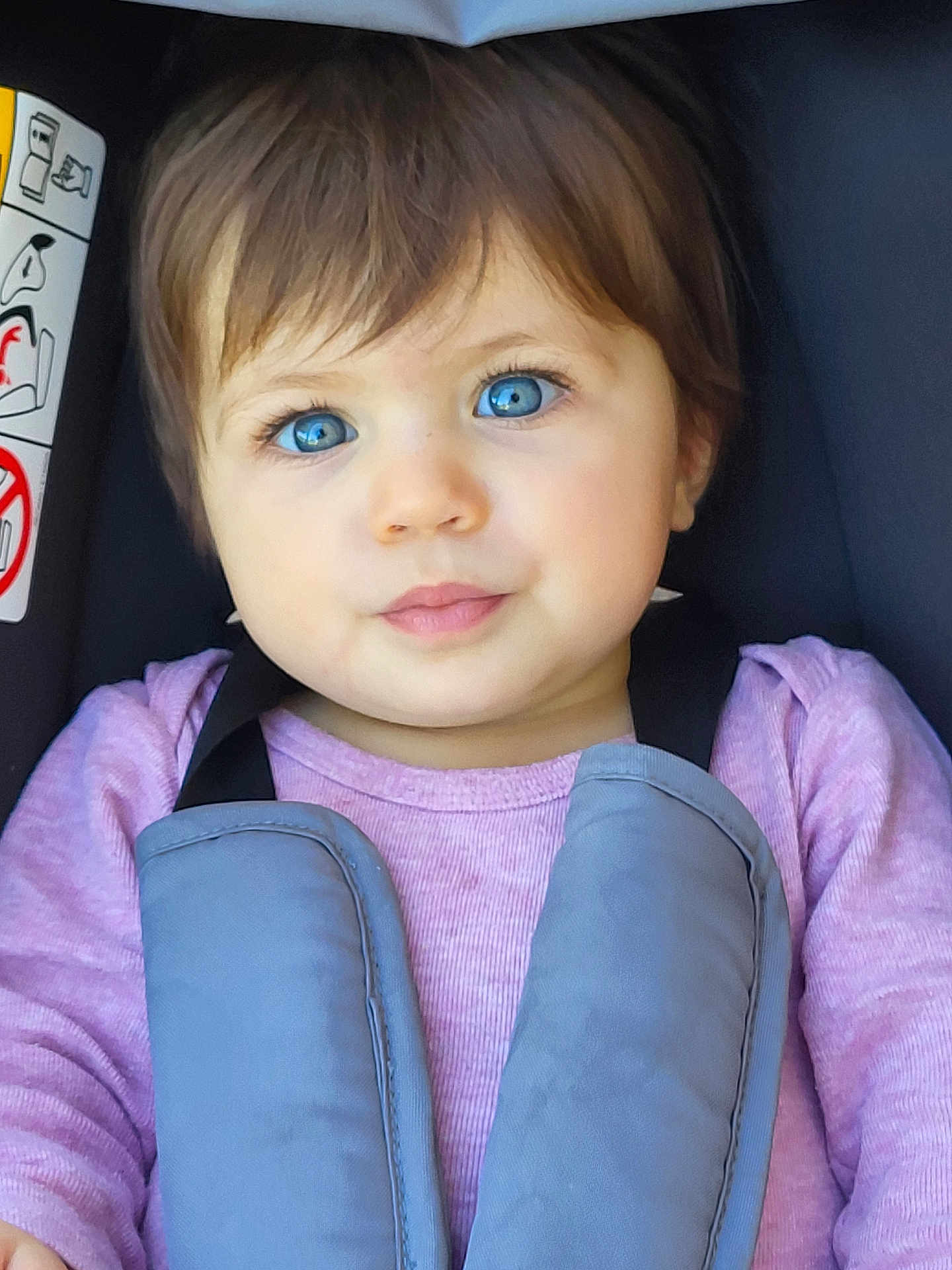 Ellie participe au concours pour gagner de l'argent avec cette photo : toddler, child, blue_eyes, brown_hair, car_seat, seatbelt, pink_shirt, portrait, baby, cute, innocent, young_child, sitting, close_up, face, person, indoor, safety, straps, casual_clothing