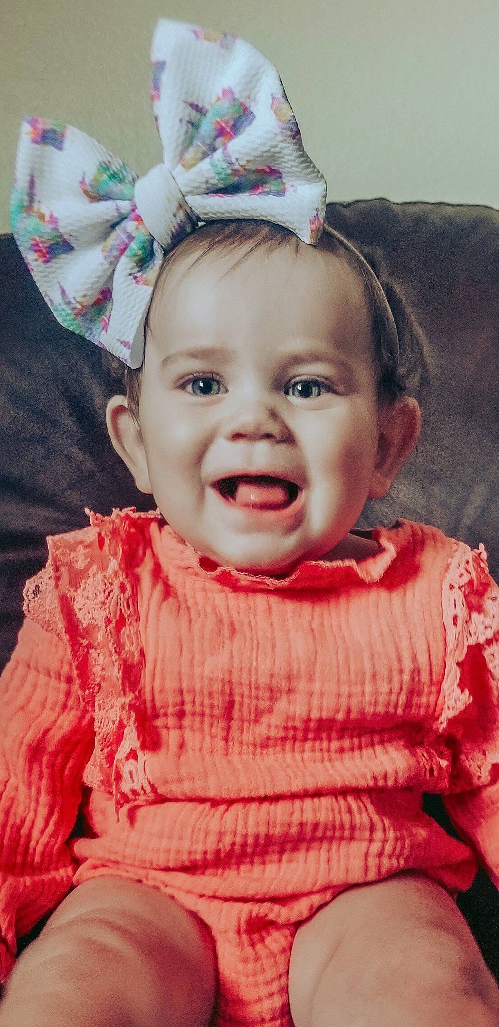 Averi joined the competition — help win amazing prizes! baby, baby_laughing, cheek, child, chin, face, facial_expression, fashion_accessory, hair_accessory, happy, head, headgear, lip, person, pink, portrait, skin, smile, toddler
