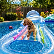Apollo joined the competition — help win amazing prizes! dog, pool, inflatable_float, water, summer, outdoor, sunny, greenery, flowers, blue_sky, pet, relaxation, backyard, fence, colorful, curly_hair, animal, vacation, leisure, daytime