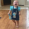 Dakota joined the competition — help win amazing prizes! baby, child, toddler, standing, yawning, smiling, portrait, indoors, home, hallway, floor, wood_floor, tile_floor, door, overalls, elephant, blue_clothing, barefoot, infant, happy