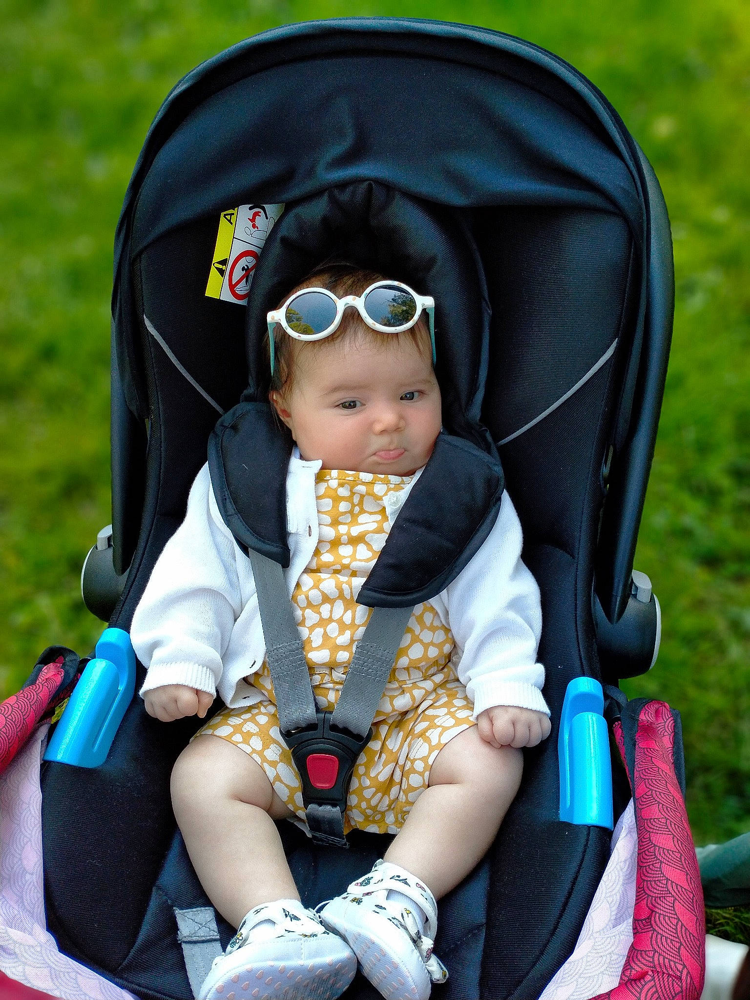 Anna participe au concours pour gagner de l'argent avec cette photo : baby, baby_carriage, baby_products, baby_safety, baby_toddler_clothing, beauty, comfort, electric_blue, eyewear, fun, goggles, grass, headwear, lap, leisure, person, personal_protective_equipment, product, recreation, sunglasses