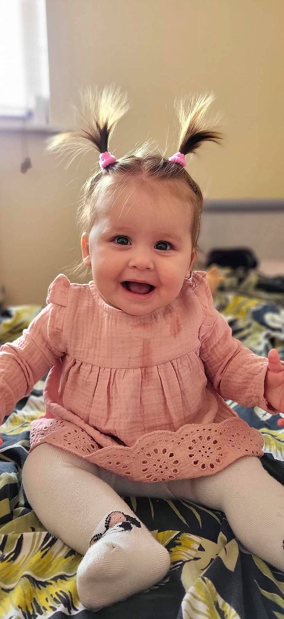 Anastasia joined the competition — help win amazing prizes! baby, baby_toddler_clothing, blond, child, costume_hat, dress, eye, eyelash, hairstyle, happy, headband, headpiece, iris, joy, magenta, person, pink, purple, skin, sleeve