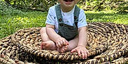 Robbie is registered to the contest to win money with this photo: baby, child, smile, outdoor, grass, greenery, nature, woven_mat, sitting, happy, portrait, infant, cute, sunlight, trees, young, person, summer, playful, casual_clothing