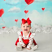 Loretta is registered to the contest to win money with this photo: baby, child, smiling, sitting, red_bow, heart_pattern, white_clothing, red_dress, tights, floor, studio, background, clouds, balloons, heart_balloons, cute, portrait, happy, indoor, infant