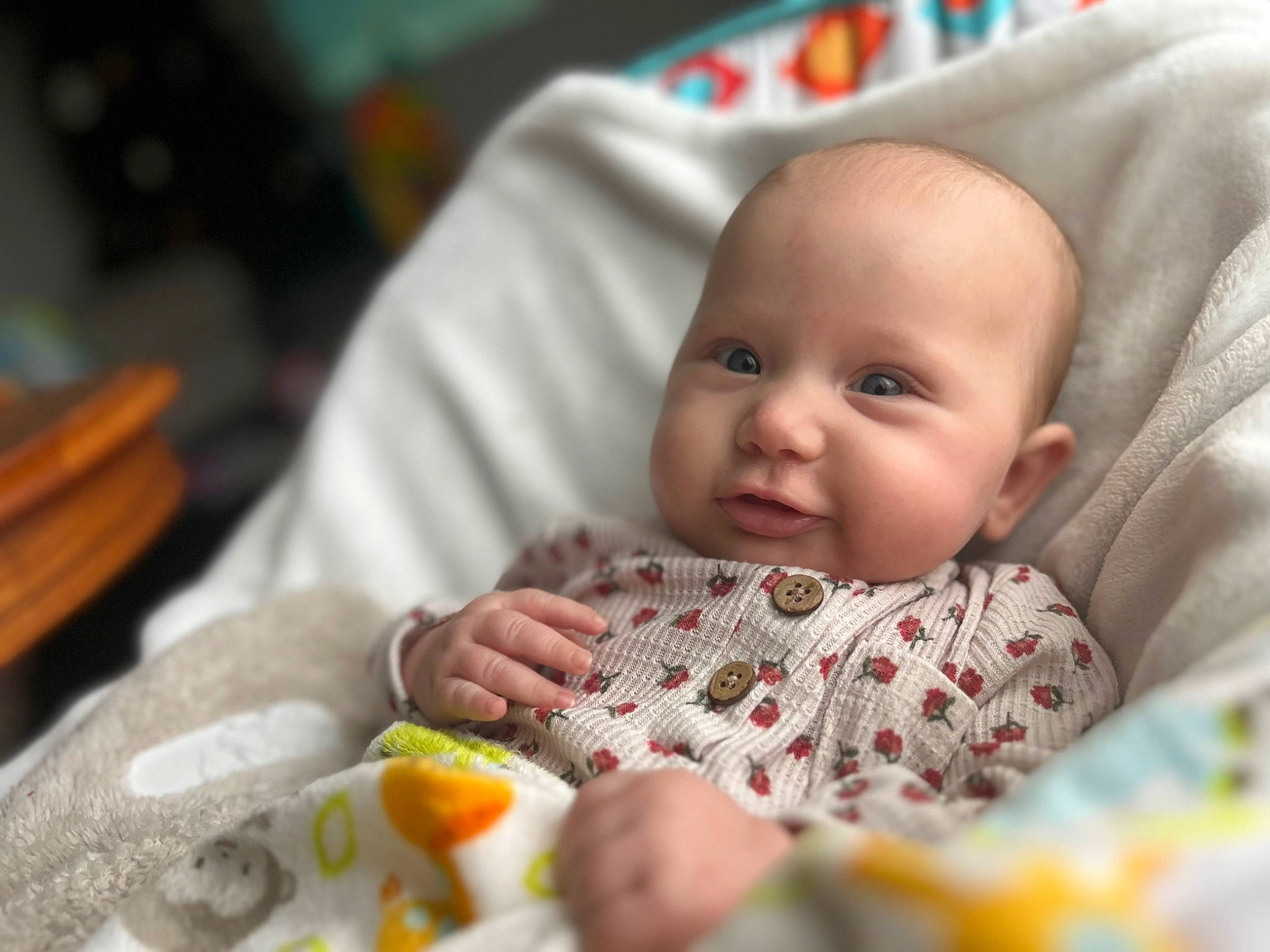 Anabella is registered to the contest to win money with this photo: baby, baby_products, baby_toddler_clothing, cheek, child, close_up, comfort, event, face, fun, happy, iris, linens, nail, nose, person, room, skin, sweetness, textile