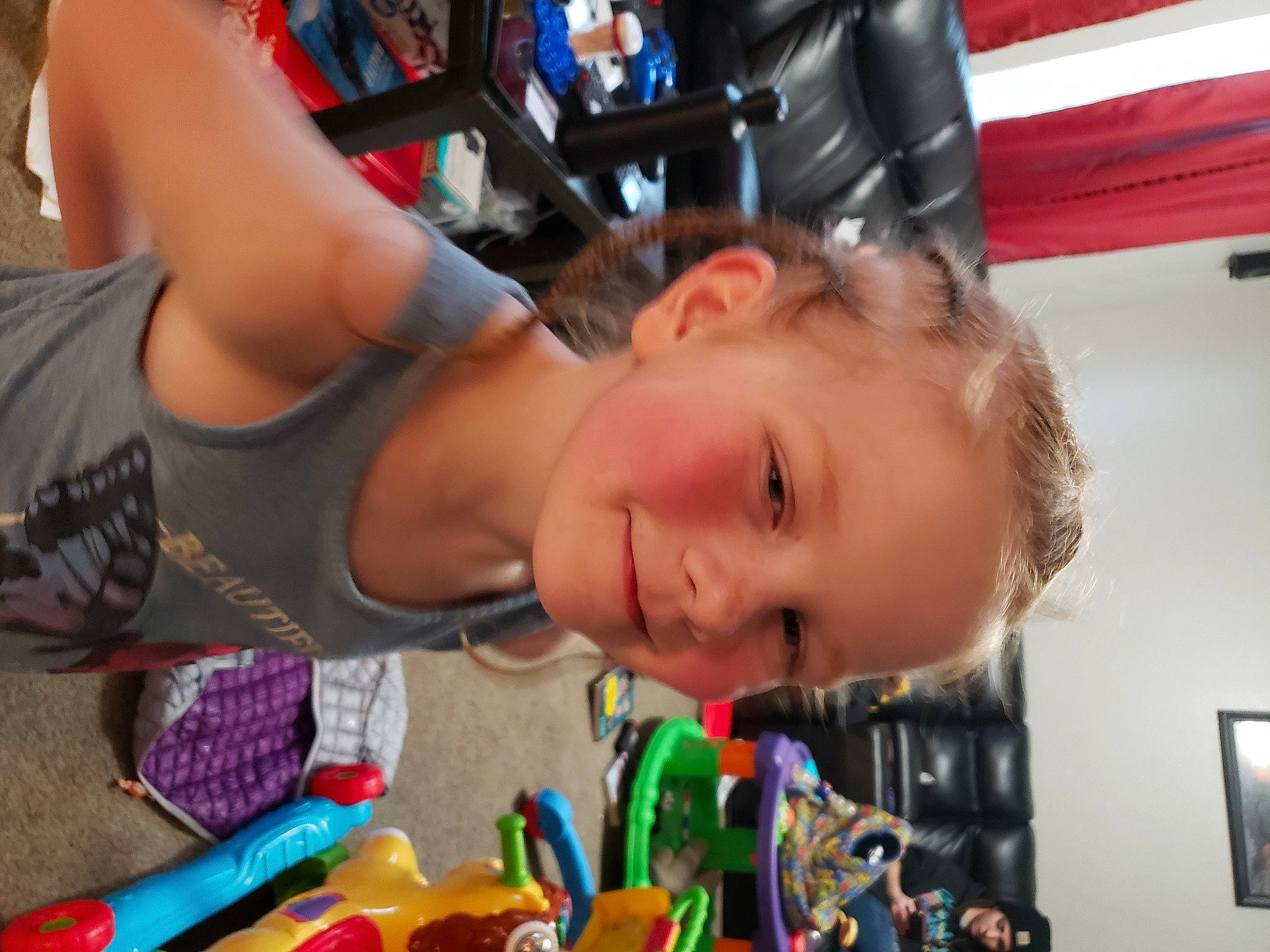 Peyton joined the competition — help win amazing prizes! baby, baby_products, baby_toys, chest, child, event, flag, fun, happy, headwear, joy, leisure, person, picture_frame, play, recreation, room, smile, thigh, toddler