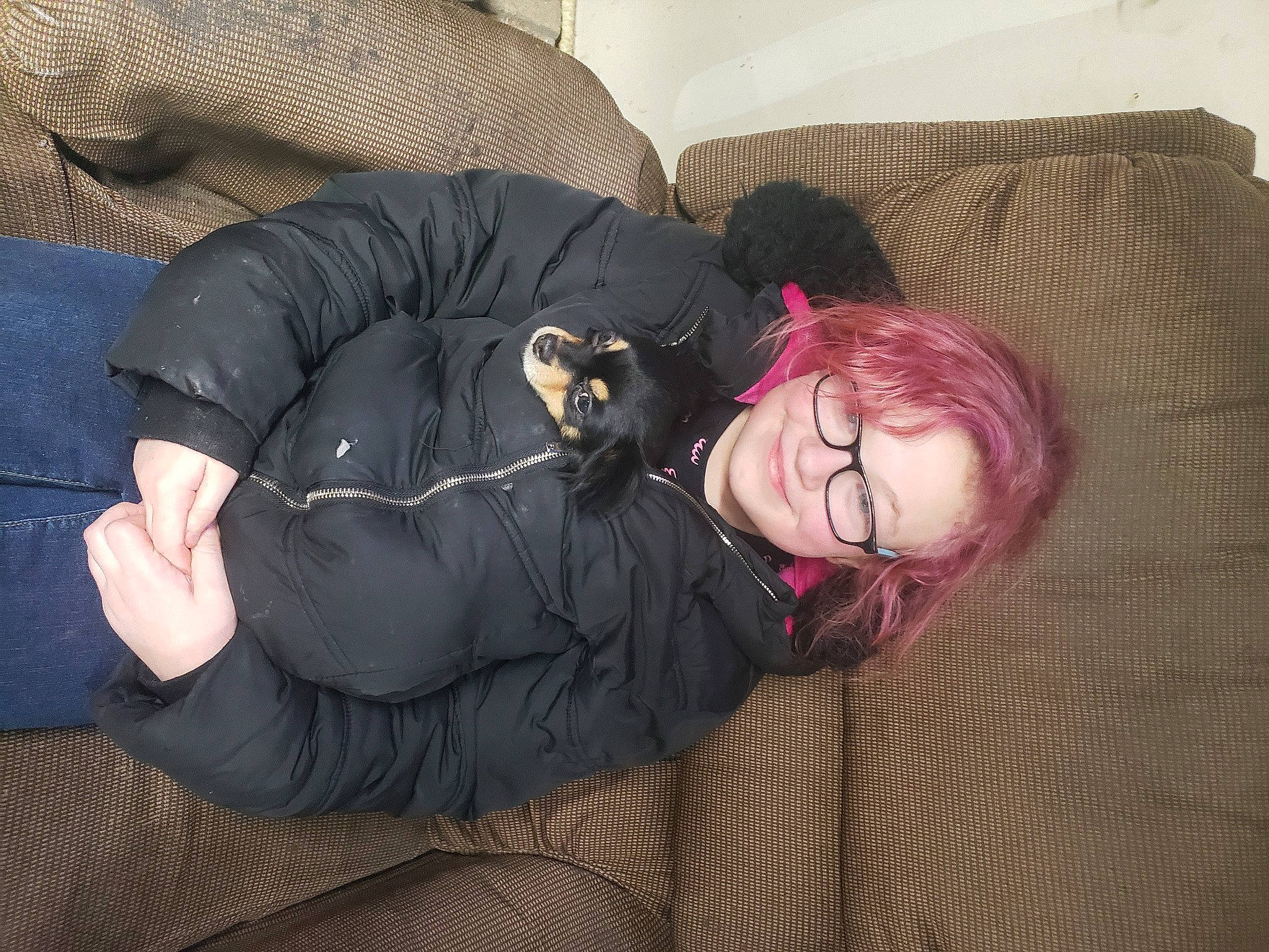 Rebel joined the competition — help win amazing prizes! comfort, couch, fun, fur, human_leg, joy, knee, lap, leg, linens, long_hair, magenta, nap, person, pillow, room, sitting, smile, studio_couch, textile