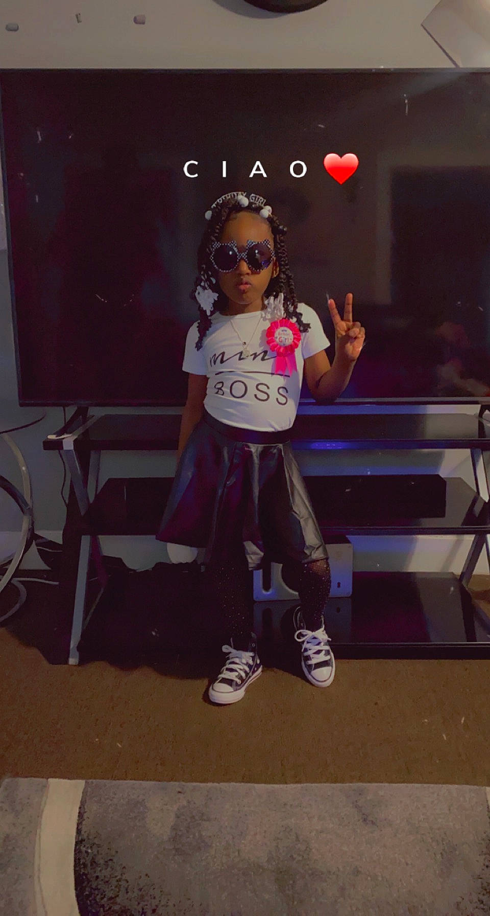 Daniyah is registered to the contest to win money with this photo: chair, denim, entertainment, event, eyewear, fashion_design, flooring, fun, goggles, magenta, performing_arts, sandal, shoe, sneakers, sportswear, standing, sunglasses, t_shirt, toddler, vision_care