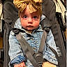 baby, blue_eyes, bow_headband, casual_wear, child, clothing, curious, cute, denim_jacket, face, fashion, headwear, indoors, infant, person, portrait, seated, straps, stroller, young_child