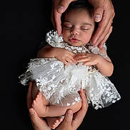 Noor is registered to the contest to win money with this photo: baby, newborn, hands, lace_dress, sleeping, infant, portrait, black_background, cute, soft_lighting, close_up, peaceful, delicate, tender, family, love, skin, small_feet, sleep, child