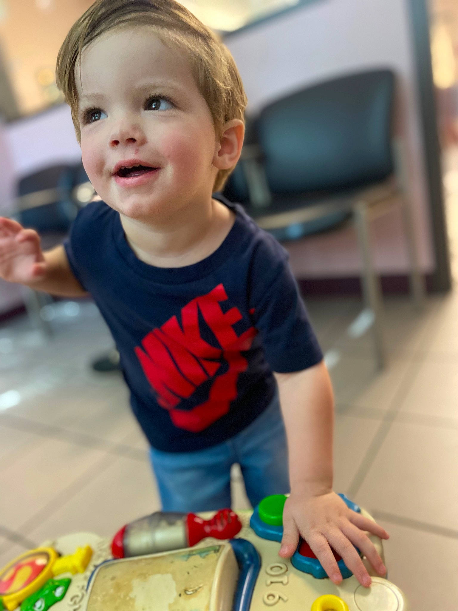 Greyson joined the competition — help win amazing prizes! baby, chair, child, comfort_food, event, face, food, fun, happy, joy, junk_food, meal, person, plastic, play, room, sharing, smile, t_shirt, television
