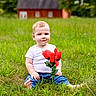 Waylon Kash is registered to the contest to win money with this photo: child, toddler, baby, portrait, sitting, outdoors, grass, garden, roses, flowers, bouquet, red_flowers, barn, countryside, greenery, smiling, white_shirt, blue_jeans, nature, photography