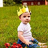 Waylon Kash is registered to the contest to win money with this photo: baby, child, toddler, crown, royalty, grass, outdoor, portrait, sitting, roses, flowers, barn, rural, nature, greenery, serious, white_shirt, blue_jeans, sunlight, photography