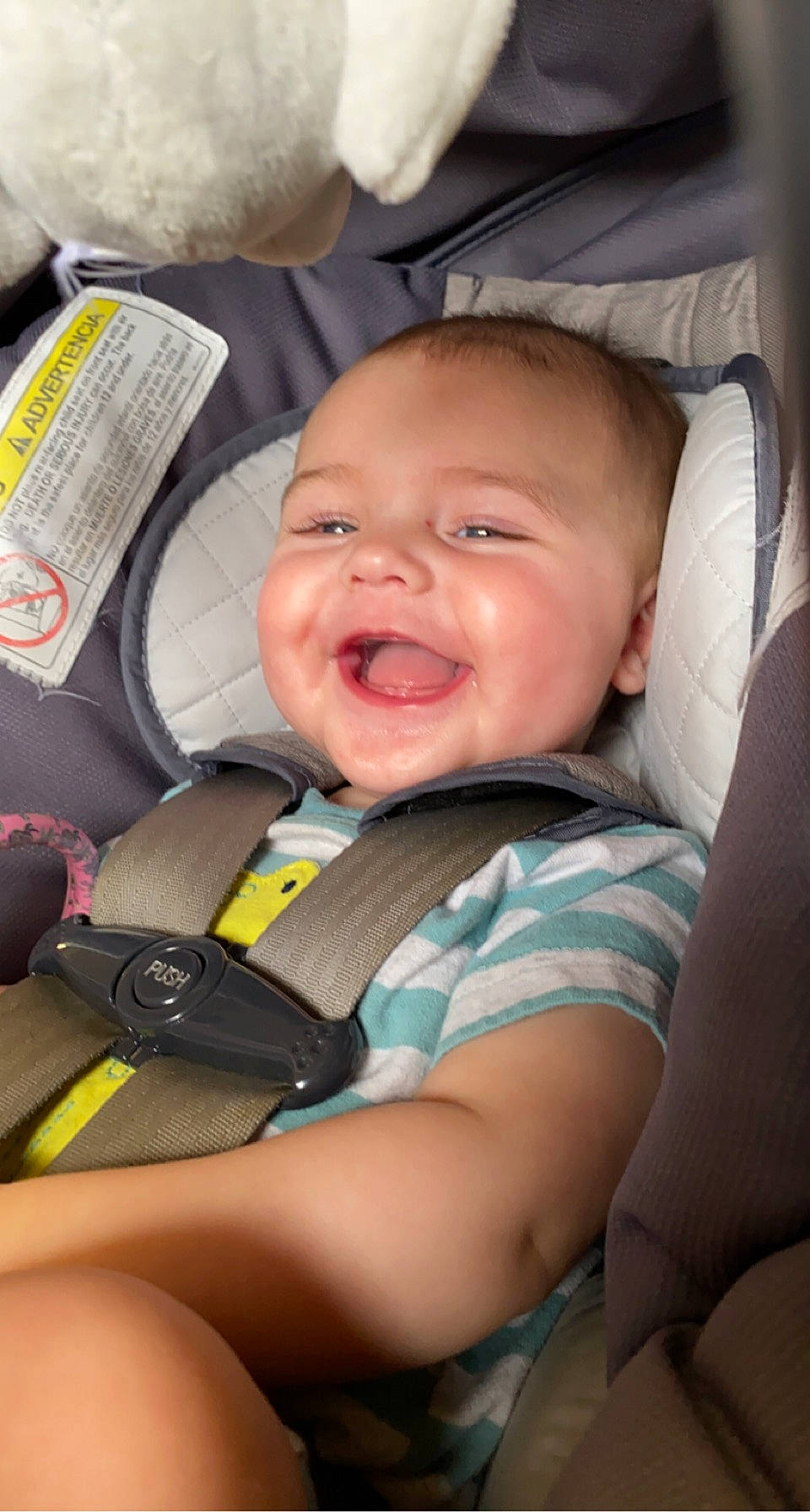 Hayes is registered to the contest to win money with this photo: auto_part, baby, baby_carriage, baby_in_car_seat, baby_products, baby_toddler_clothing, car_seat, cheek, child, comfort, finger, happy, mouth, person, seat_belt, sitting, skin, smile, thumb, toddler