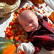 Jace is registered to the contest to win money with this photo: baby, sleeping, plaid_shirt, candy_corn, pumpkin, fall, autumn, blanket, orange, green, white, cute, holiday, festive, soft, infant, outdoor, daylight, nature, seasonal