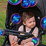 Haizen is registered to the contest to win money with this photo: baby, baby_clothes, black_stroller, bubbles, child, clothing, curious, cute, daylight, expression, foot, grass, leisure, outdoor, person, playful, portrait, sitting, stroller, toddler