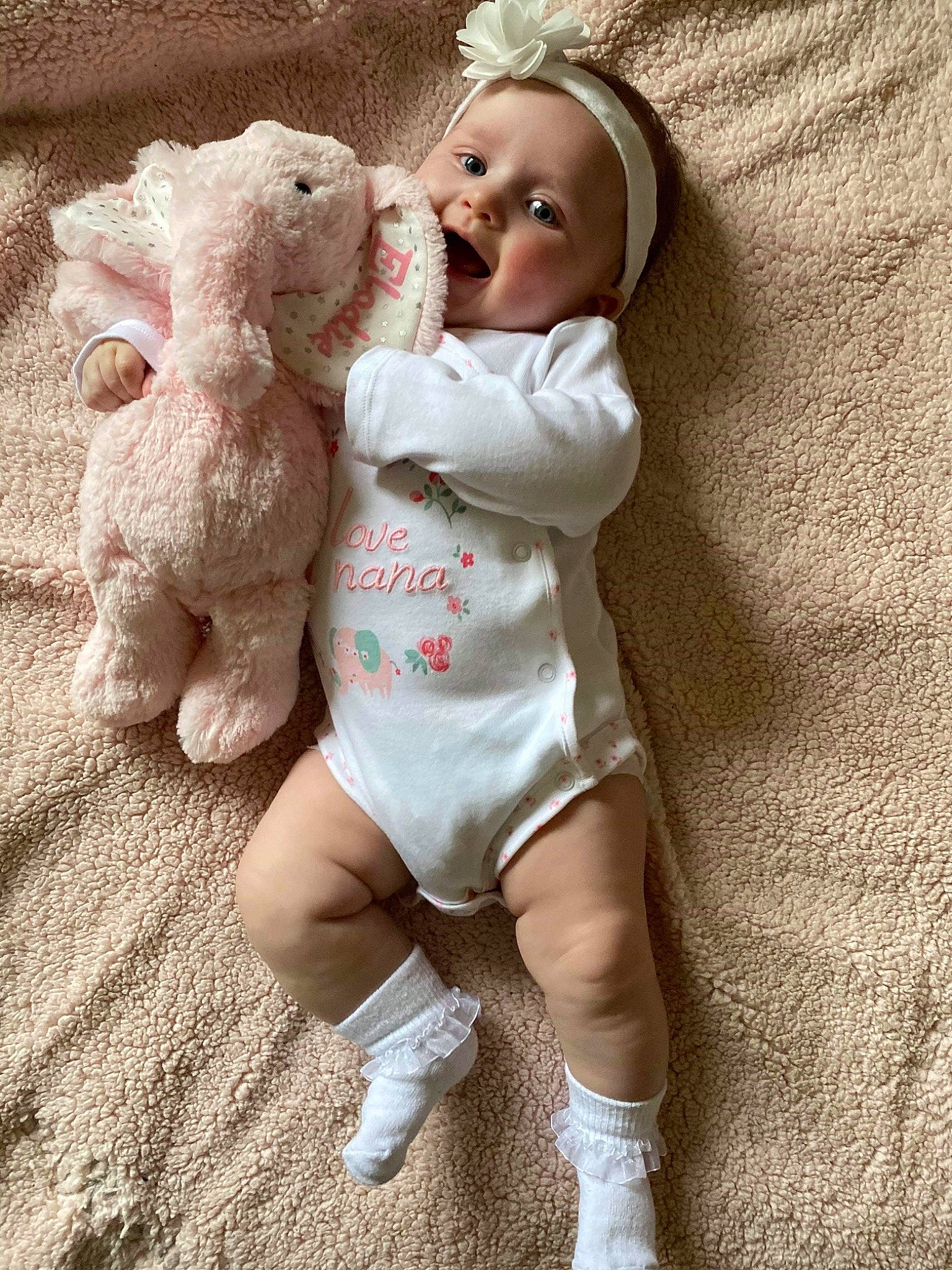 Elodie joined the competition — help win amazing prizes! baby, blond, cheek, child, leg, person, pink, skin, smile, stuffed_toy, teddy_bear, thigh, toddler, toy