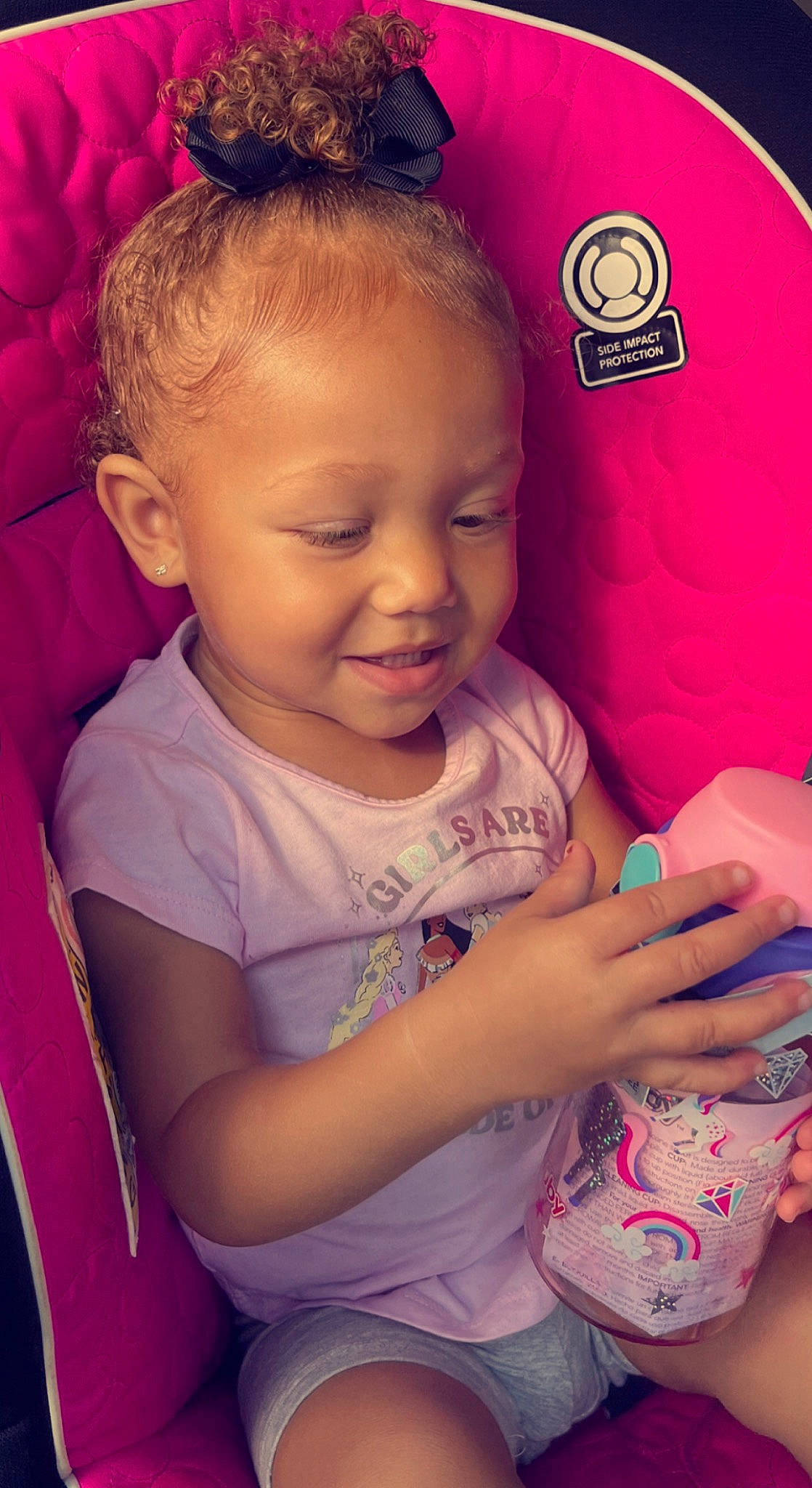 Laylah joined the competition — help win amazing prizes! arm, cheek, chin, eye, eyebrow, face, facial_expression, hair, hairstyle, hand, head, lip, mouth, nose, organ, person, product, purple, skin, smile