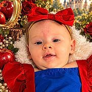 Aldeli is registered to the contest to win money with this photo: baby, child, snow_white_costume, red_bow, blue_dress, red_sleeves, portrait, smiling, indoors, fairytale, castle, roses, apples, mirror, floral_background, storybook, costume, infant, face, safe