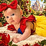 baby, child, infant, portrait, red_bow, yellow_dress, fairytale, castle, roses, flowers, toy_deer, toy_bird, apple, mirror, outdoor, blanket, lying_down, blue_eyes, costume, colorful