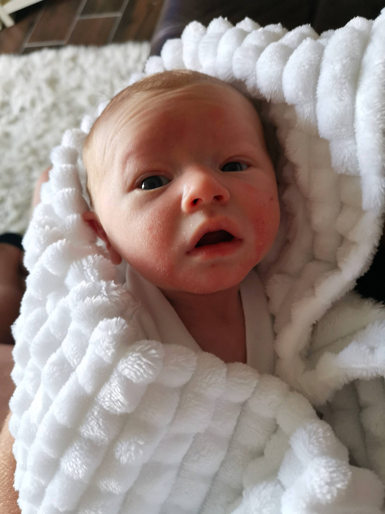 Lenny is registered to the contest to win money with this photo: baby, cheek, child, eye, face, fur, head, lip, nose, person, skin, smile, toddler, wool