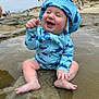 baby, child, smiling, beach, water, swimsuit, hat, sunhat, sandy, palm_trees, ocean, happy, sitting, toddler, playful, summer, outdoor, nature, fun, vacation