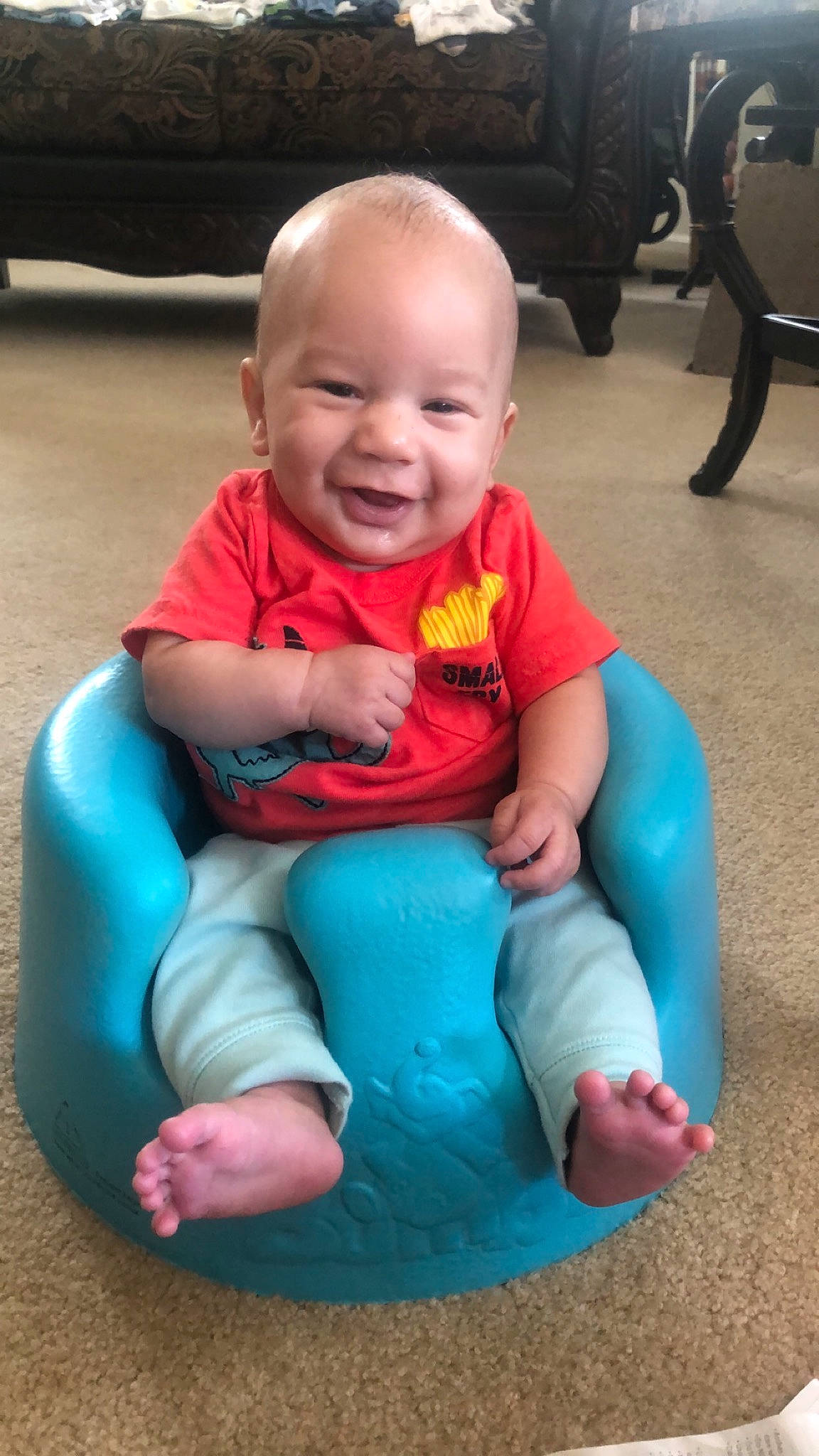 Franklin is registered to the contest to win money with this photo: baby, baby_toddler_clothing, cheek, child, chin, comfort, eye, finger, hairstyle, happy, head, lap, leg, mammal, person, product, skin, smile, standing, toddler