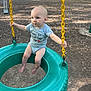 baby, tire_swing, playground, yellow_chain, blue_onesie, outdoor, child, park, wood_chips, swing, barefoot, trees, sunlight, grass, play_equipment, infant, summer, daytime, cute, smiling